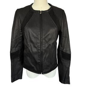 Tory Burch Leather Suede Trim Collarless‎ Full Zip Jacket Black Size 6